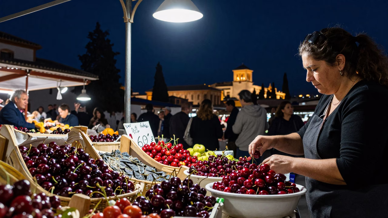 Market Stalls in Granada at The Deepest Night Sky Light in in Granada, Spain