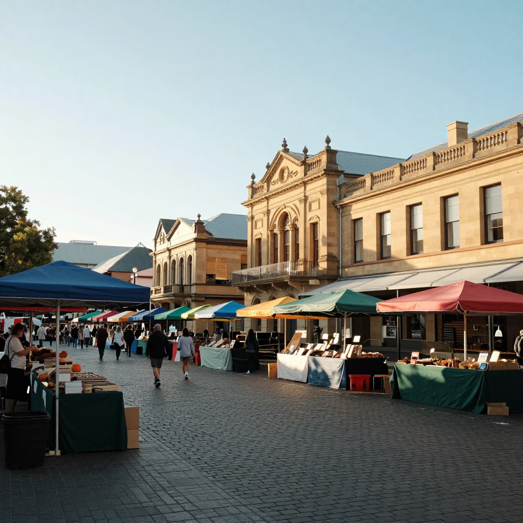 Market Stalls in Hobart at As First Light Reaches The Scene in in Hobart, Tasmania, Australia