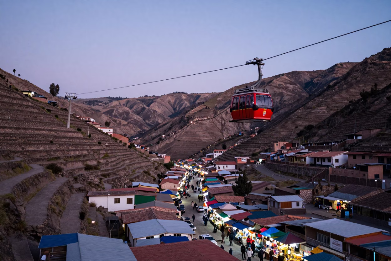 Market Stalls in La Paz at Nautical Dawn Light in in La Paz, Bolivia