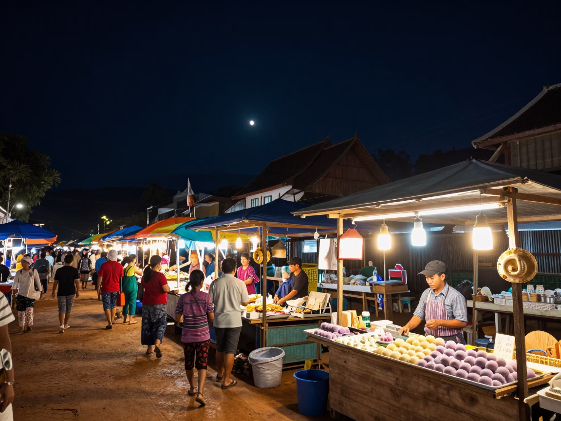 Market Stalls in Luang Prabang at The Deepest Night Sky Light in in Luang Prabang, Laos