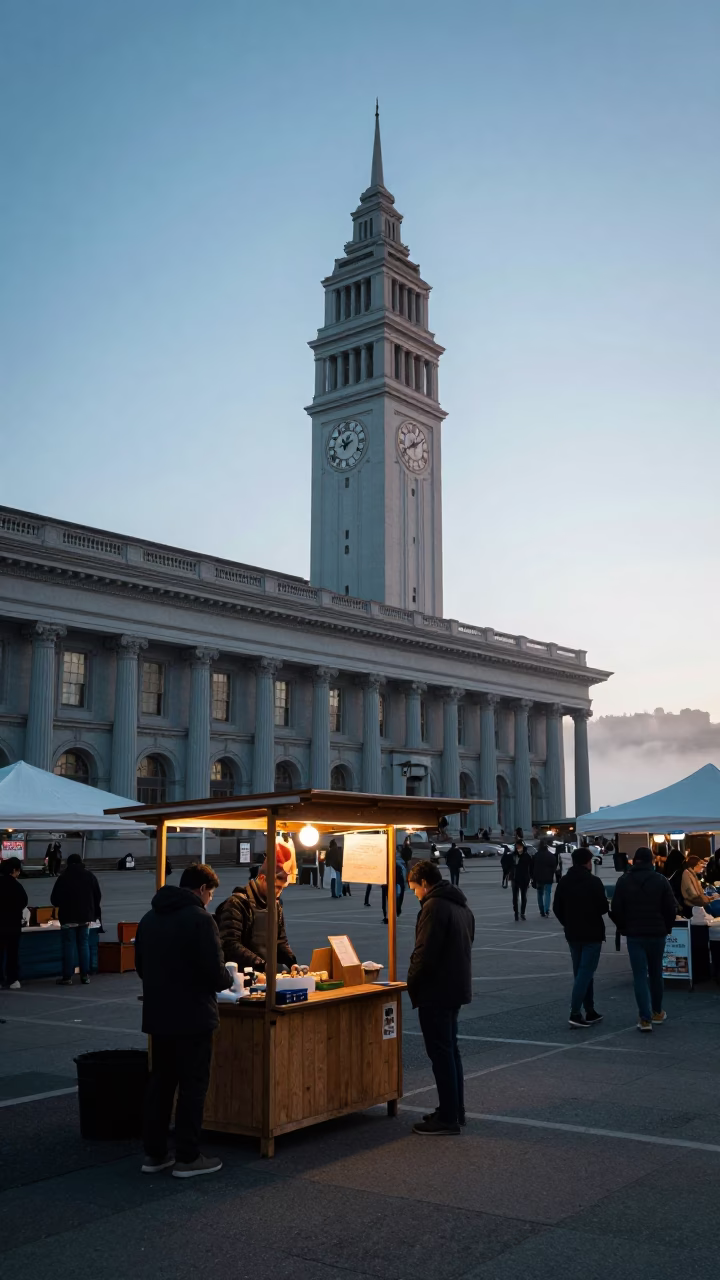 Market Stalls in San Francisco at Sunrise Light in in San Francisco, California, United States