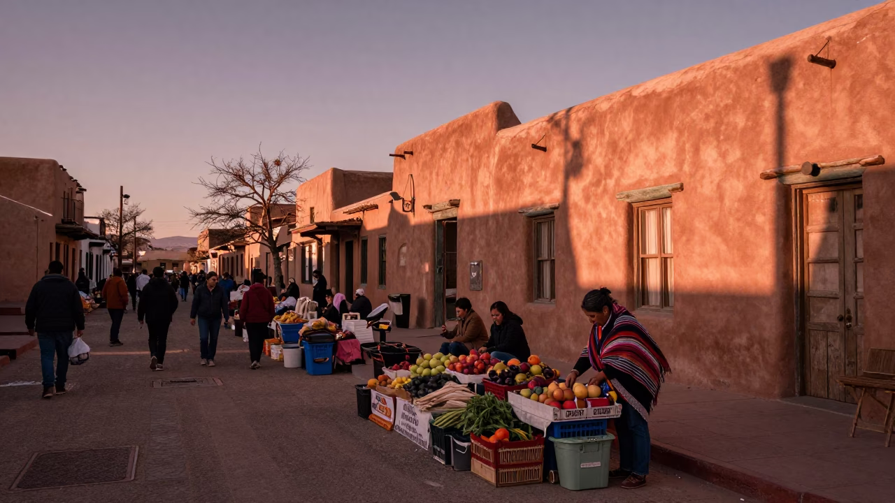 Market Stalls in Santa Fe at Copper-toned Light Before Dusk in in Santa Fe, New Mexico, United States