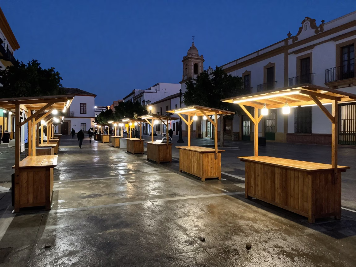 Market Stalls in Valencia at The Predawn Darkness Light in in Valencia, Spain