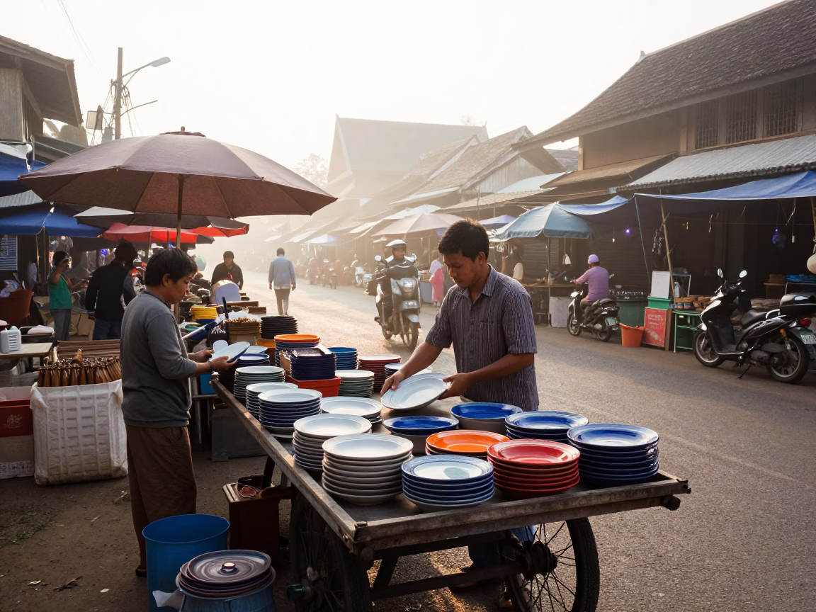 Market Stalls just after sunrise in Chiang Mai in in Chiang Mai, Thailand