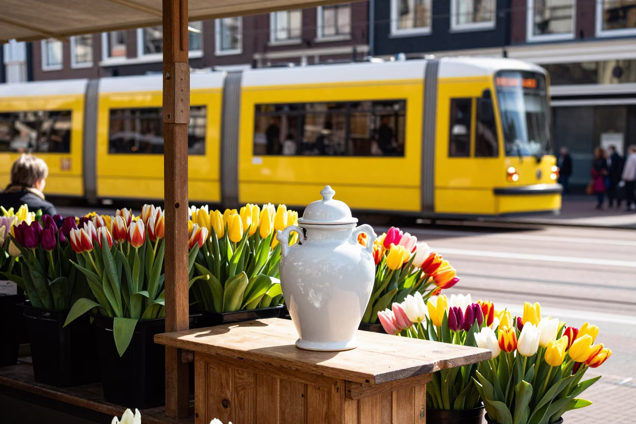 Market Stop in Amsterdam at Bright Midmorning Light in in Amsterdam, Netherlands