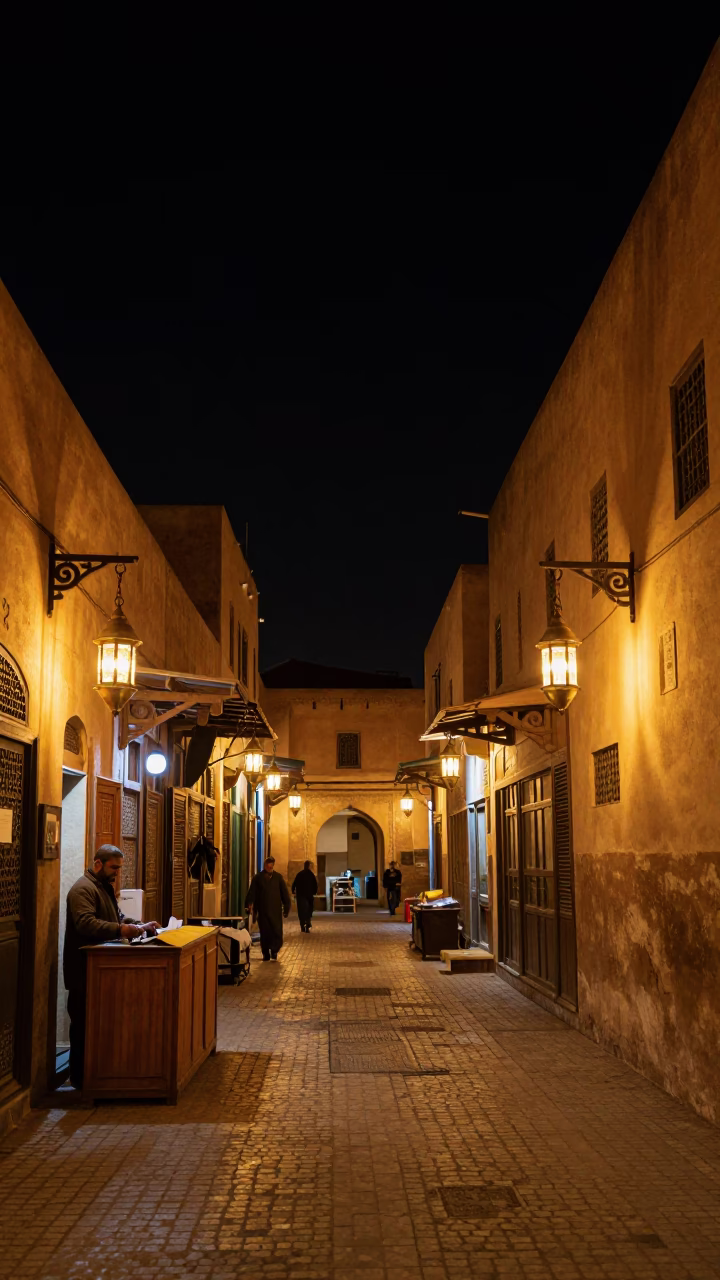 Market Street at The Deepest Night Sky Light in Fez in in Fez, Morocco