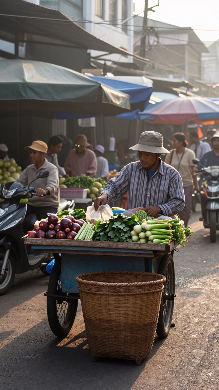 Market Vendor at The Early Morning Light in Surabaya in in Surabaya, Indonesia