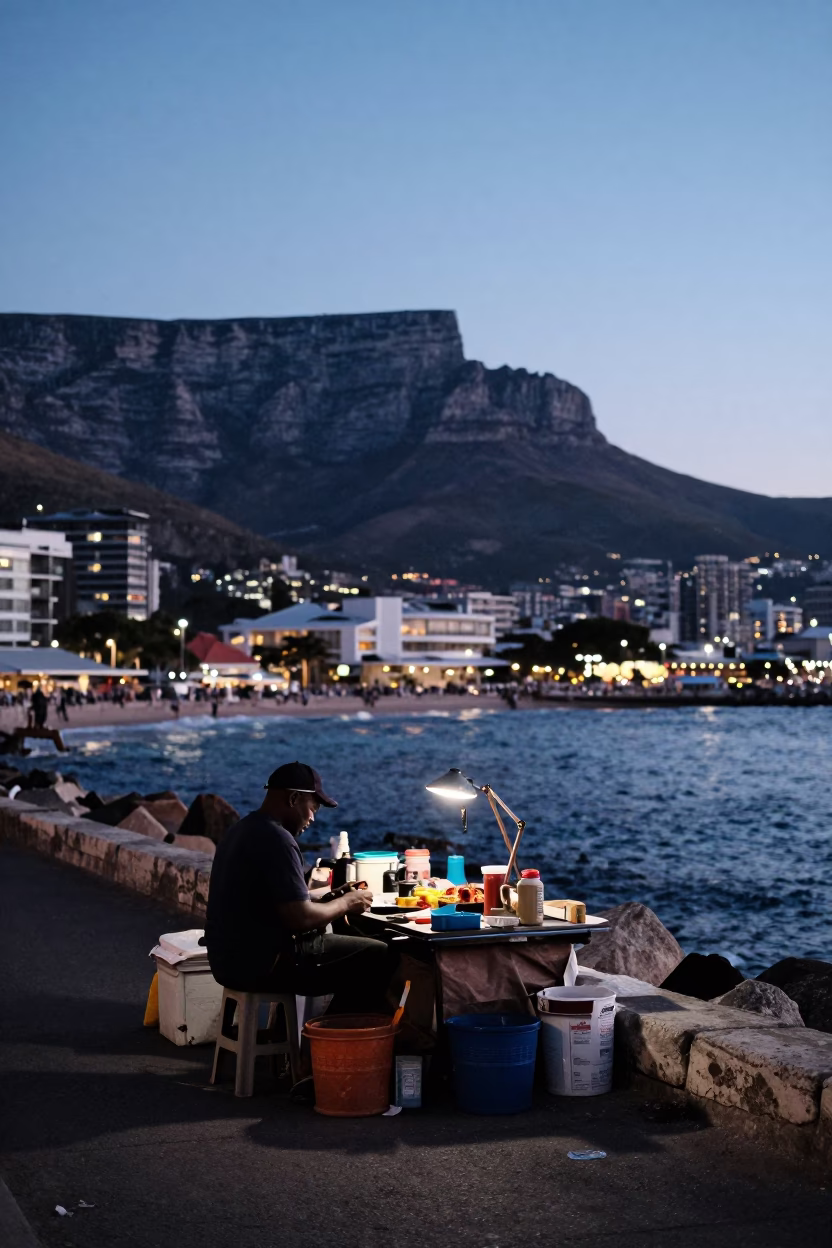 Market Vendor in Cape Town at The Still Hours Before Dawn Light in in Cape Town, South Africa