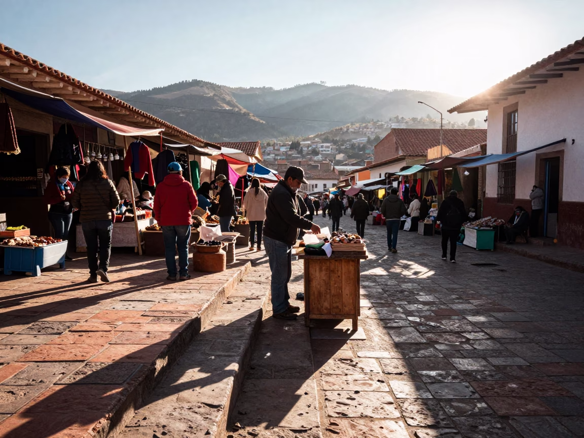 Market Vendor in La Paz at As First Light Reaches The Scene in in La Paz, Bolivia