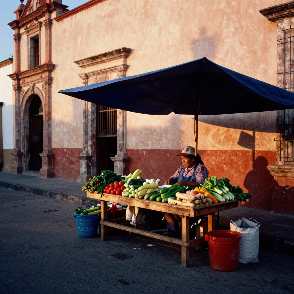 Market Vendor in Oaxaca at First Light Of Dawn in in Oaxaca, Mexico
