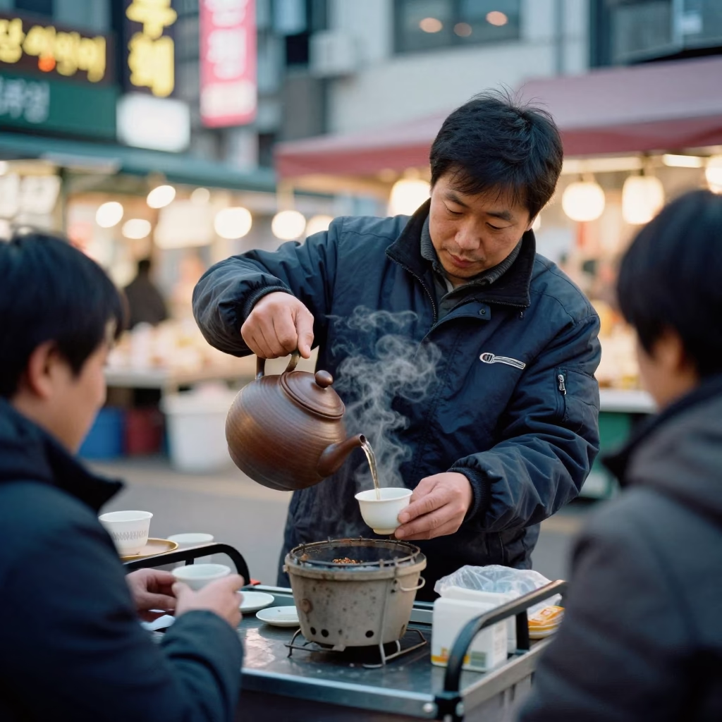 Market Vendor in Seoul at As City Lights Begin To Glow in in Seoul, South Korea