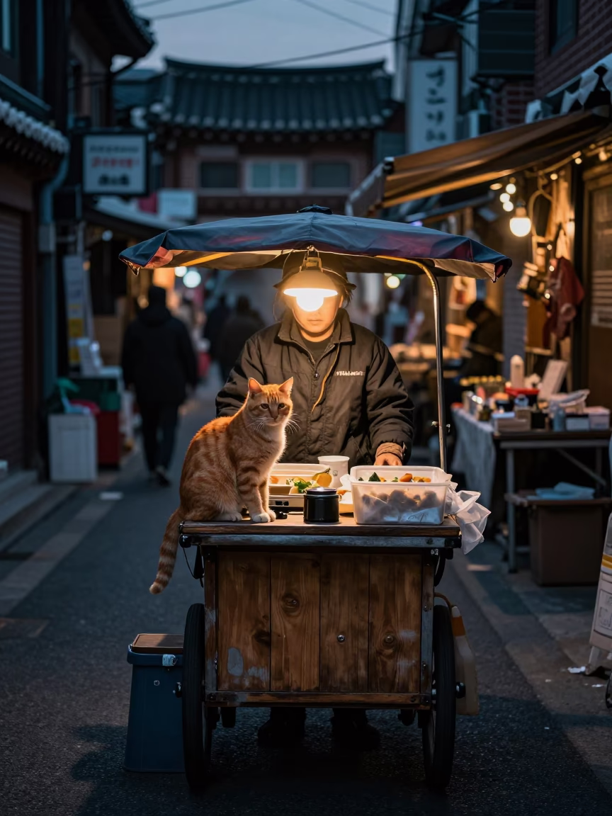 Market Vendor in Seoul at The Predawn Darkness Light in in Seoul, South Korea