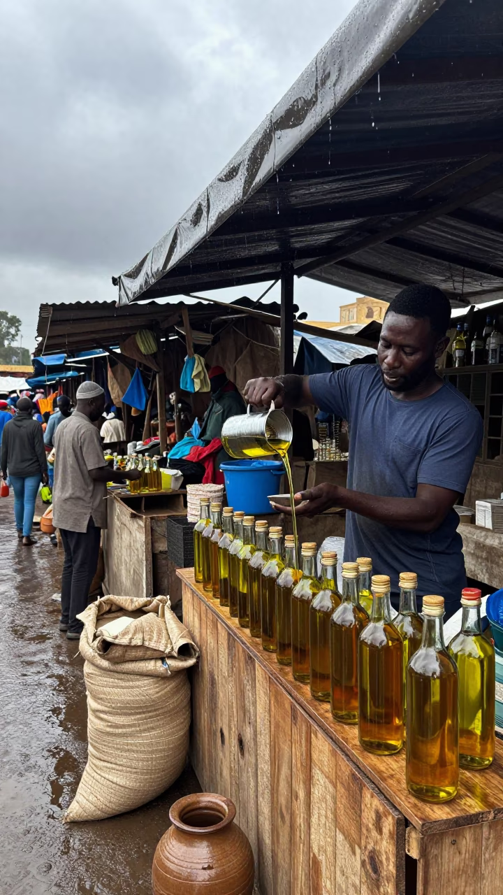 Market Vendor Pours Olive Oil in Khartoum Noon in at a market stall in Khartoum