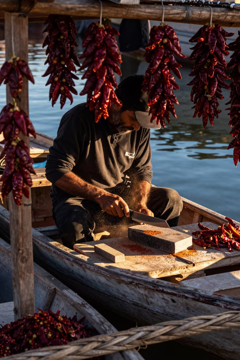 Market Vendor Sharpening Knife at Dawn in at a floating market boat in Tucson