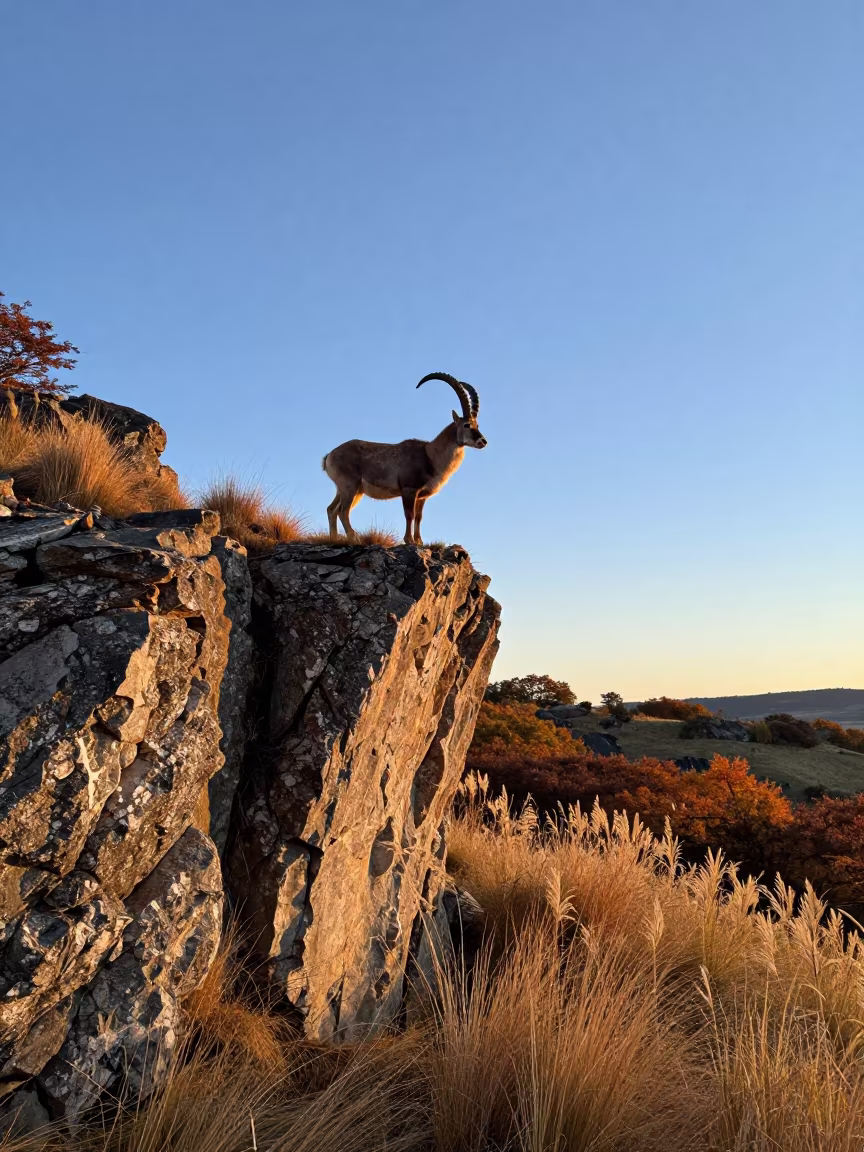 Markhor on Patagonian Cliff in Autumn Sunrise in at the edge of a reed bed in Patagonia