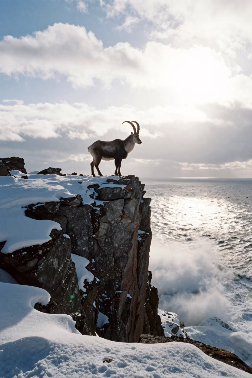 Markhor Silhouette on Winter Cliff in in Canada