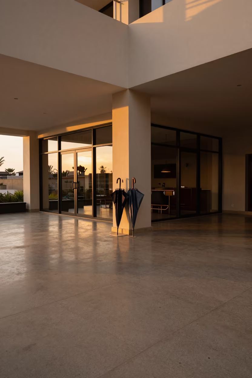 Maroua Hotel Lobby Amber Sunset Umbrellas in inside a hotel lobby in Maroua