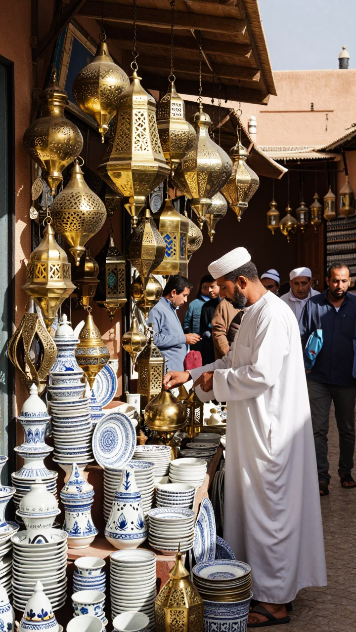 Marrakech Brass Lanterns at Bright Midmorning Light in in Marrakech, Morocco