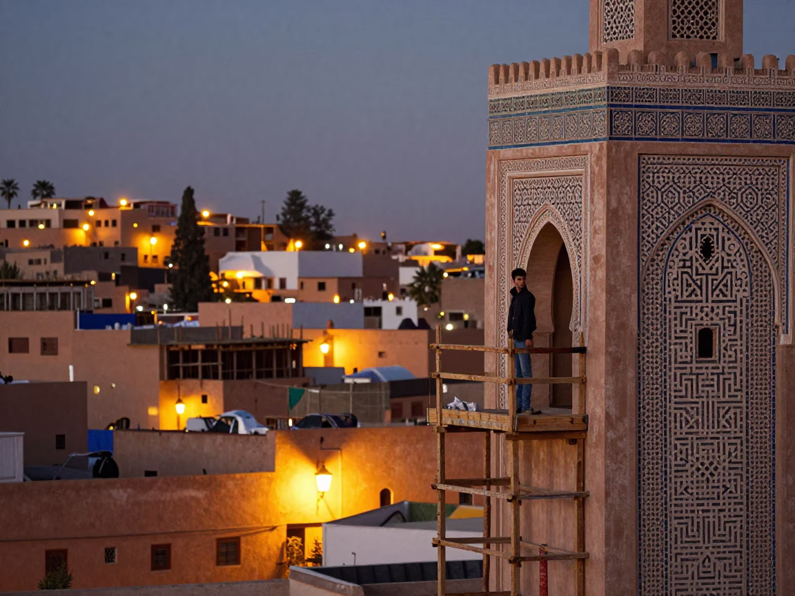 Marrakech City Lights Glow Over Traditional Geometric Architecture and Daily Street Life in in Marrakech, Morocco