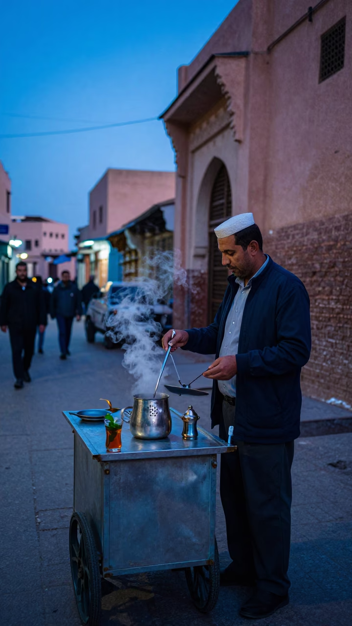 Marrakech Evening Street Scene with Tea Strainer and Steam Haze in Last Blue Light in in Marrakech, Morocco