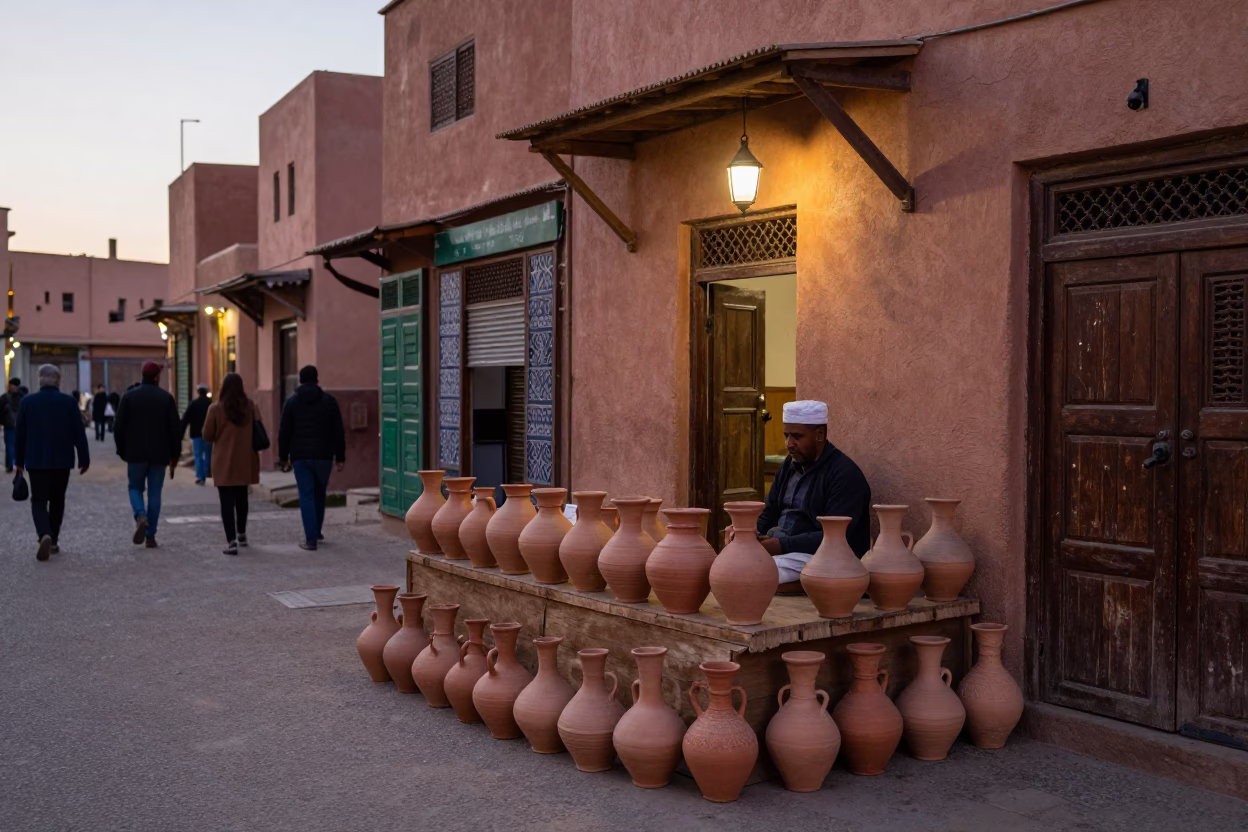 Marrakech Evening Street Scene with Traditional Pottery and Local Commerce in in Marrakech, Morocco