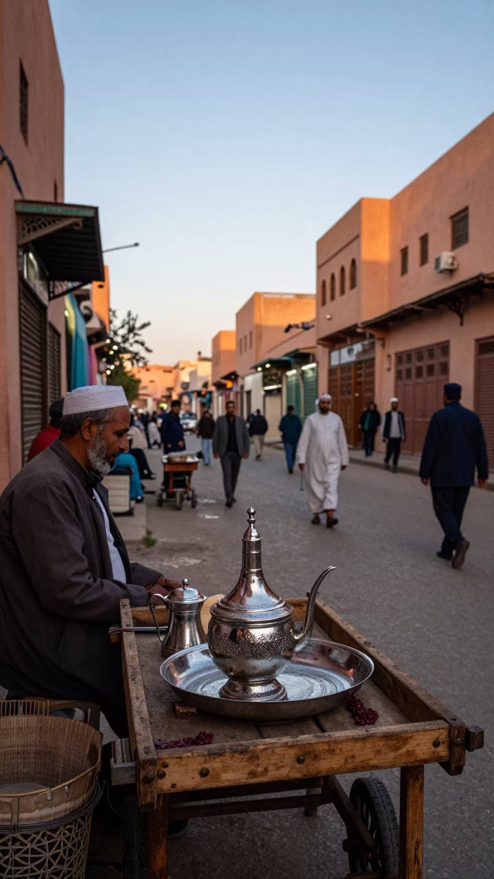 Marrakech Evening Street Scene with Traditional Tea Strainer and Ceramic Jar in in Marrakech, Morocco