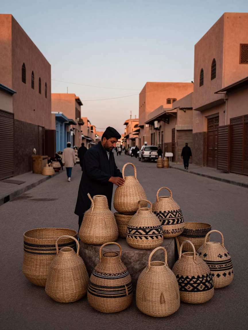 Marrakech Evening Street Scene with Woven Baskets and Local Commerce in in Marrakech, Morocco