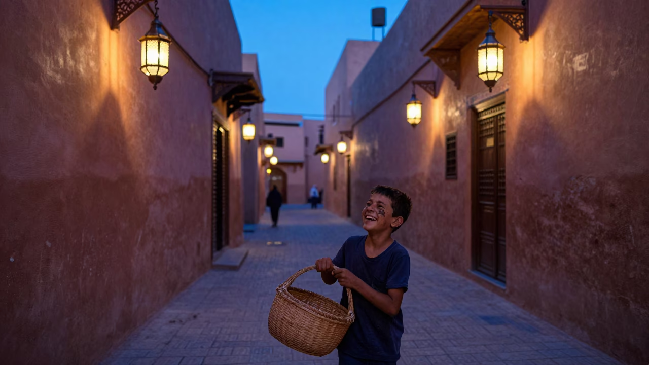 Marrakech indigo twilight lantern alley street scene with boy and basket in in Marrakech, Morocco