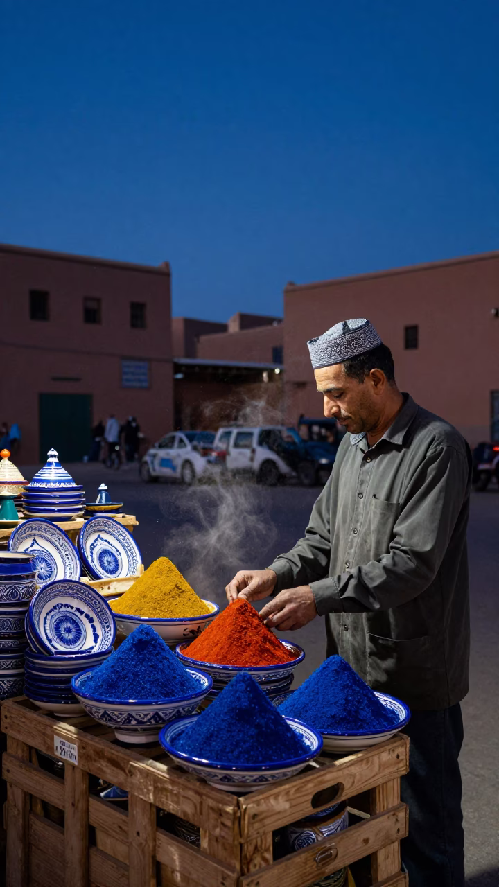 Marrakech Indigo Twilight Spice Stall with Ceramic Saucer and Jar in in Marrakech, Morocco