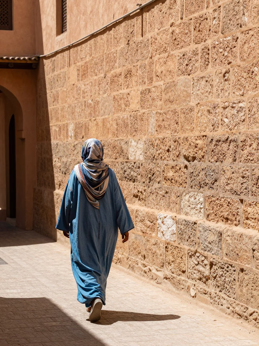 Marrakech Medina Alley with Sun-Warmed Stone Wall and Scarf Drying in in Marrakech, Morocco