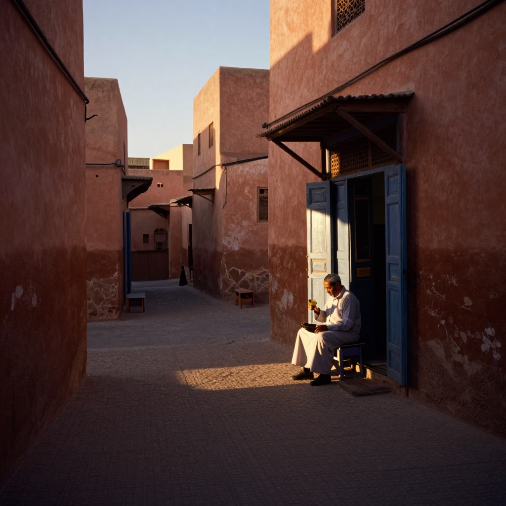 Marrakech Medina Alleyway at Dawn with Glass Tumbler and Latch Details in in Marrakech, Morocco
