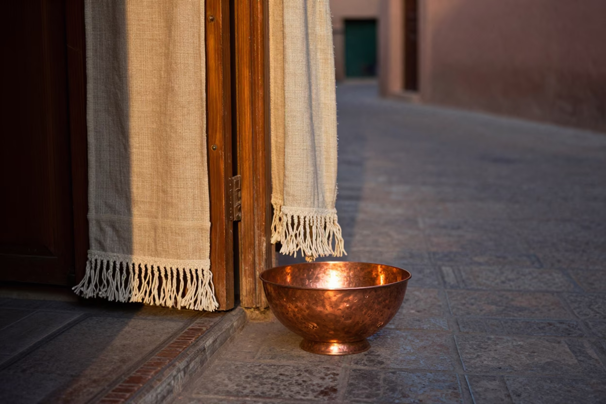 Marrakech Medina Alleyway Copper Light Linen Fringe Doorway Bowl Fatteh in in Marrakech, Morocco