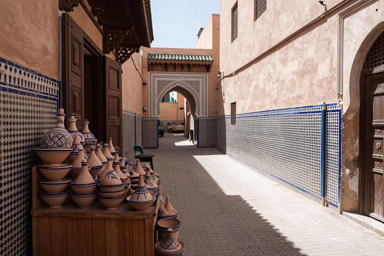 Marrakech Medina Alleyway Midday Sunlight on Traditional Pottery and Local Merchandise Display in in Marrakech, Morocco