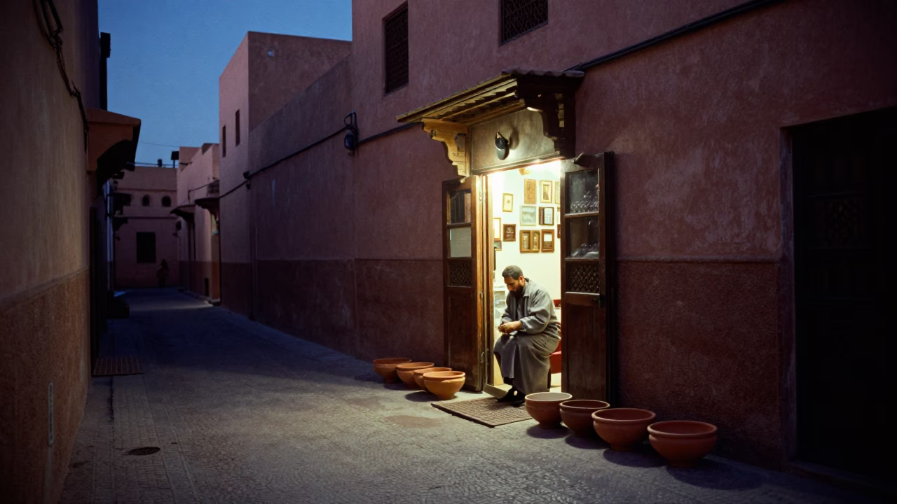 Marrakech Medina Dawn Street Scene with Terracotta Bowls and Wooden Mallet in in Marrakech, Morocco