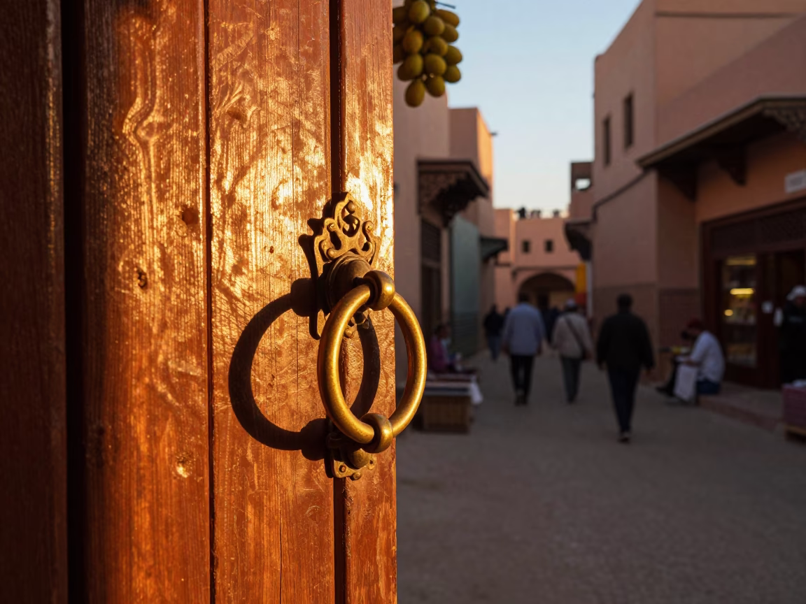 Marrakech Medina Evening Light Fig Tree Gate Handle and Ceramic Bowl in in Marrakech, Morocco