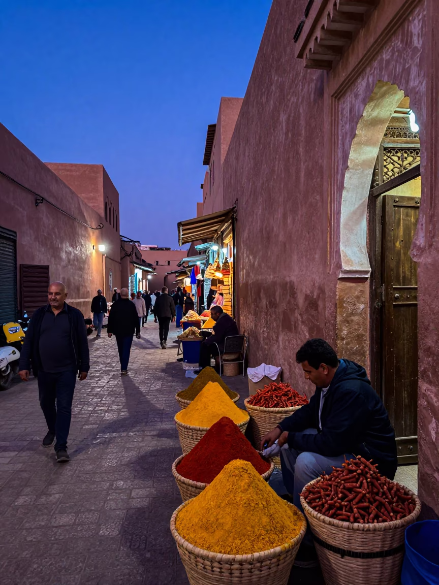 Marrakech Medina Evening Market Scene Under Indigo Twilight Sky in in Marrakech, Morocco