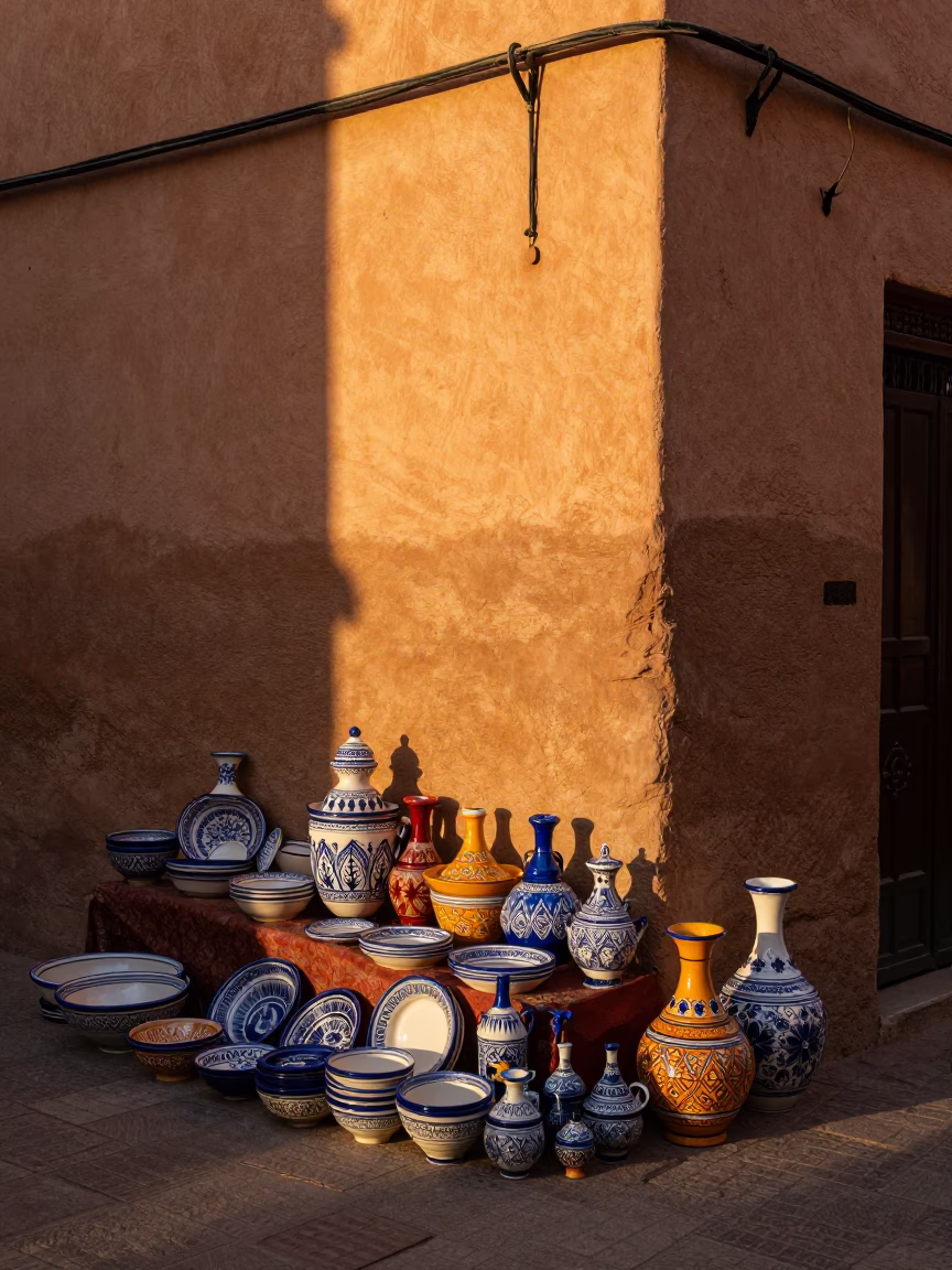 Marrakech Medina Evening Street Scene with Traditional Utensil Crocks and Candlelight in in Marrakech, Morocco