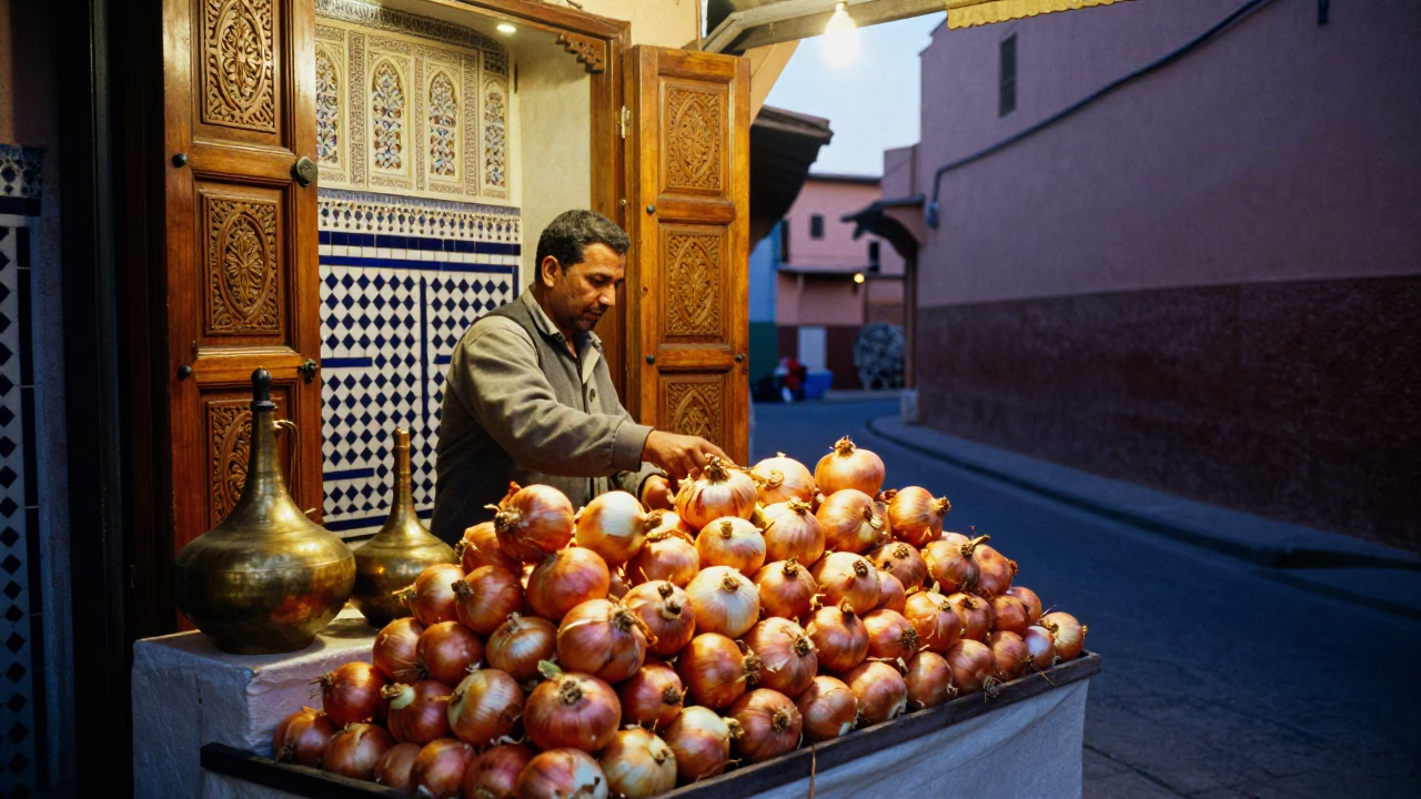 Marrakech Medina Night Market Stall with Onions and Brass Teapot in Indigo Twilight in in Marrakech, Morocco