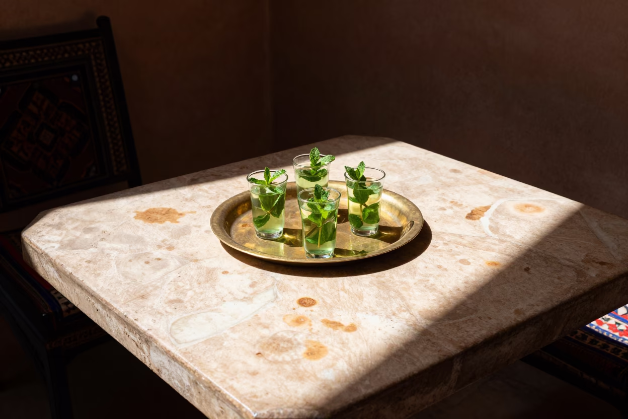 Marrakech Medina Noon Light Teahouse Table with Tea Stains and Local Interaction in in Marrakech, Morocco