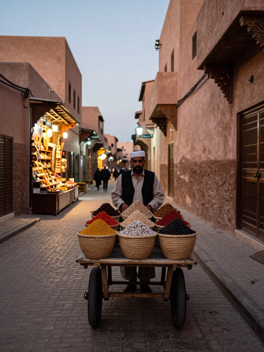 Marrakech Medina Street at Dusk with Spice Stall and City Lights in in Marrakech, Morocco
