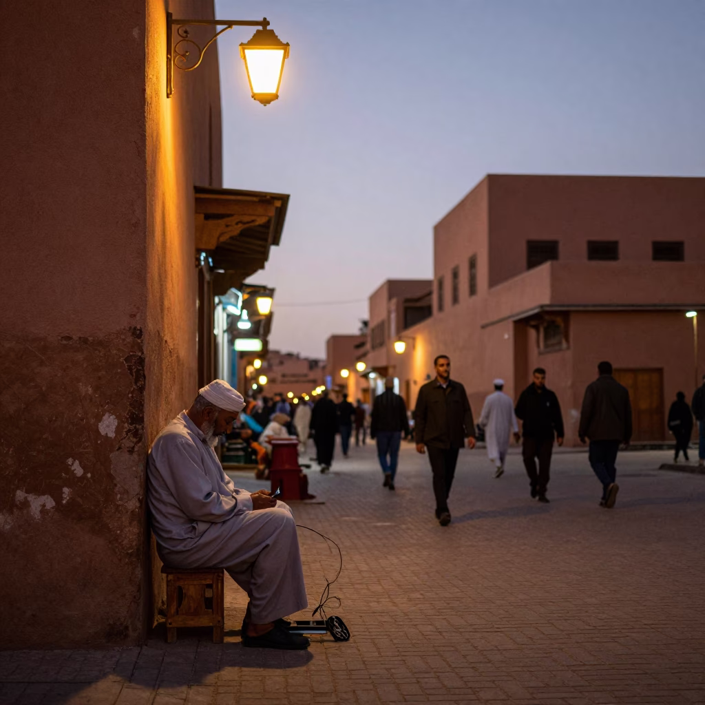 Marrakech Medina Street Scene at Dusk with Artisan and Traditional Lanterns in in Marrakech, Morocco