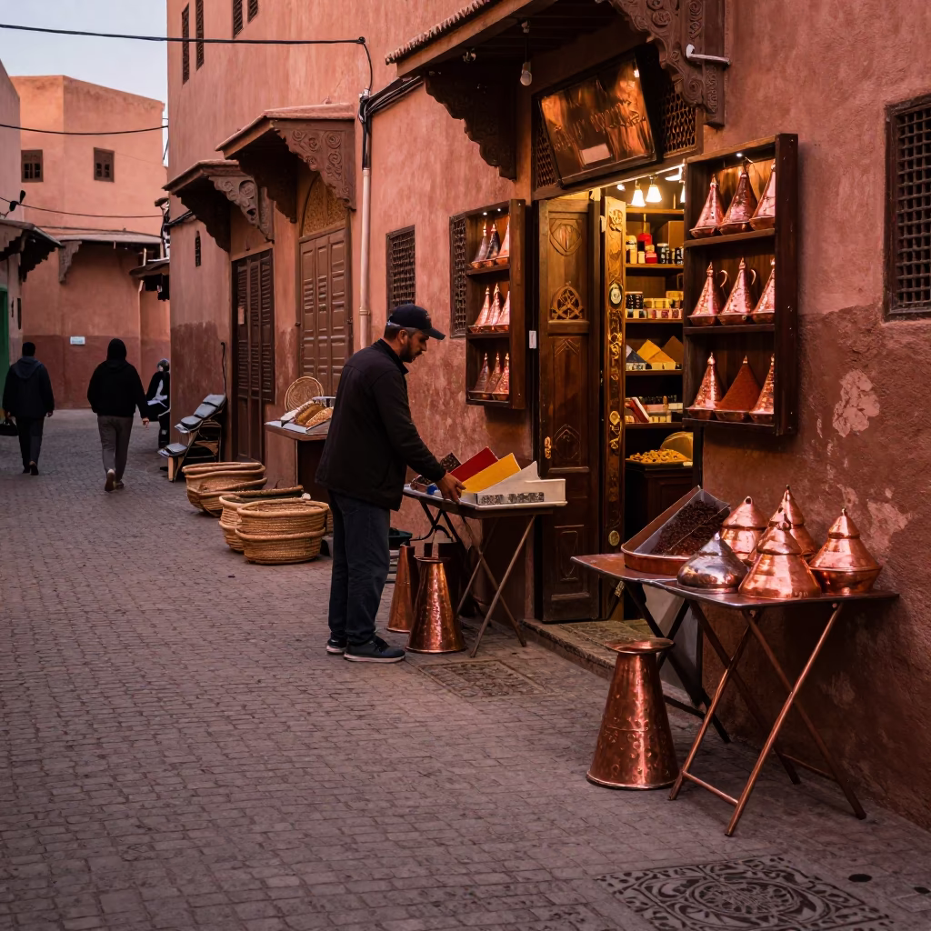 Marrakech Medina Street Scene with Folding Tables and Copper Dusk Light in in Marrakech, Morocco