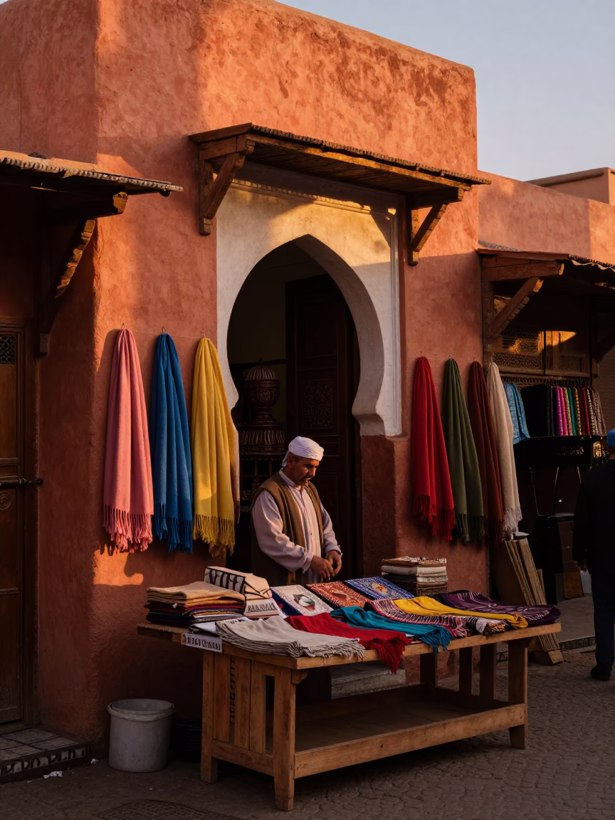Marrakech Medina Sunset Wool Scarves Vendor Display Traditional Market in in Marrakech, Morocco