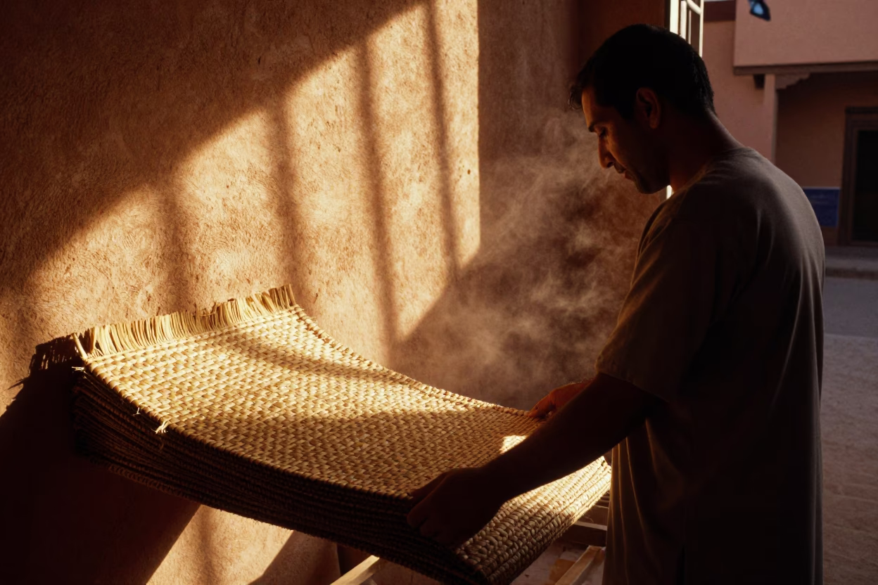 Marrakech Medina Workshop Evening Light with Woven Mats and Rake Heads in in Marrakech, Morocco