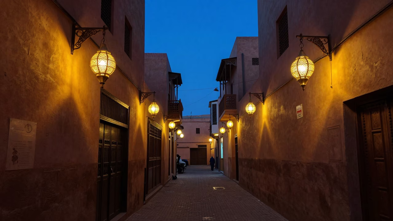 Marrakech Morocco Blue Hour Street Scene with Lanterns and Traditional Architecture in in Marrakech, Morocco