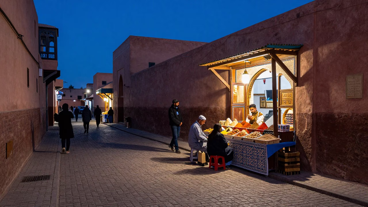 Marrakech Morocco Blue Hour Street Scene with Local Family and Traditional Sweets in in Marrakech, Morocco