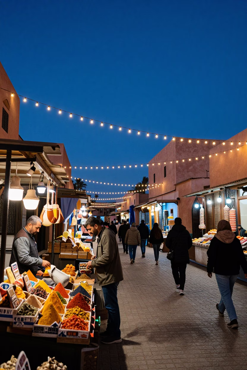 Marrakech Morocco Blue Hour Street Scene with String Lights and Local Market Activity in in Marrakech, Morocco