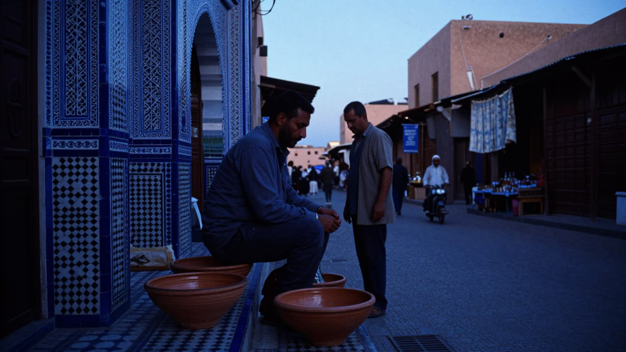 Marrakech Morocco Blue Hour Street Scene with Terracotta Bowl and Traditional Souk Activity in in Marrakech, Morocco