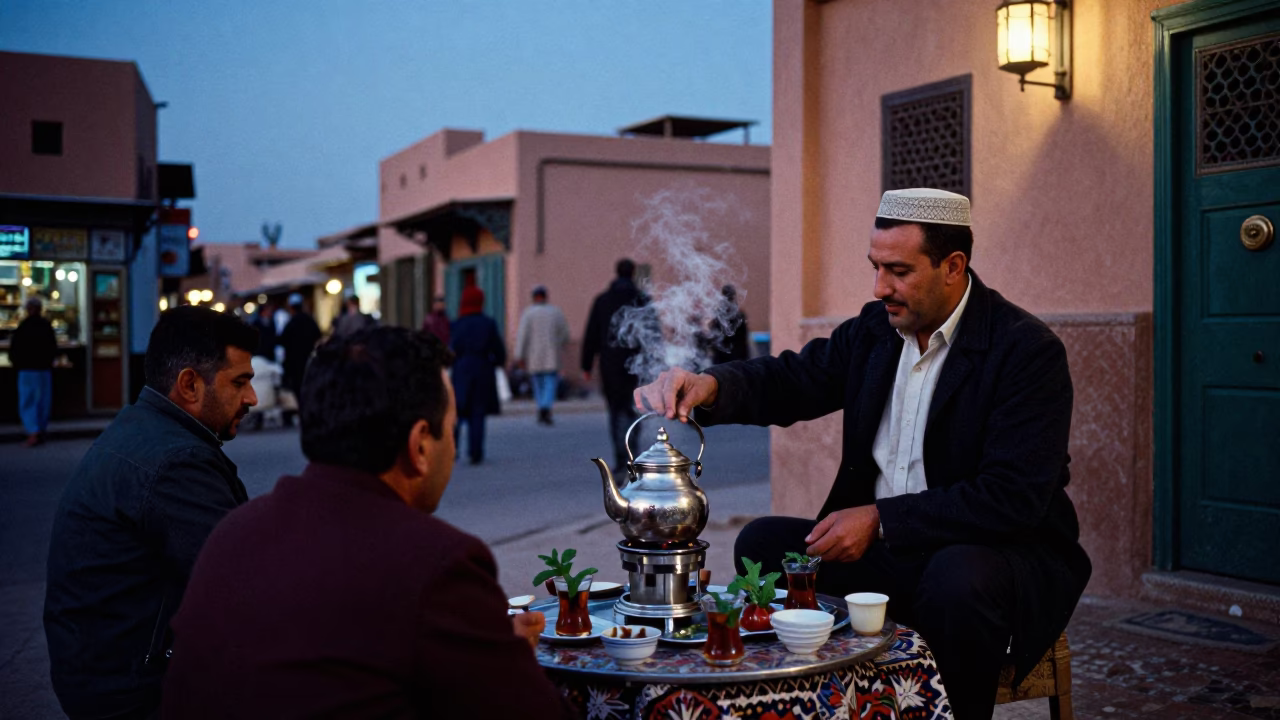 Marrakech Morocco blue hour street scene with traditional tea service and vibrant souk activity in in Marrakech, Morocco
