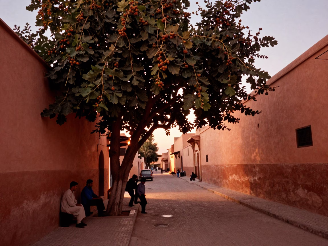 Marrakech Morocco Copper Light Before Dusk Street Scene with Fig Tree and Traditional Elements in in Marrakech, Morocco